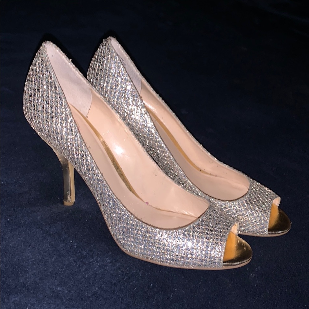 Nine West Shimmering Silver Peep-Toe Heels
